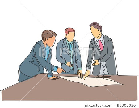 Single continuous line drawing of young workers talking seriously about company policy around the table. Office employee life discussion concept. One line draw design graphic vector illustration Single continuous line drawing of young workers talking seriously about company policy around the table. Office employee life discussion concept. One line draw design graphic vector illustration 99303030