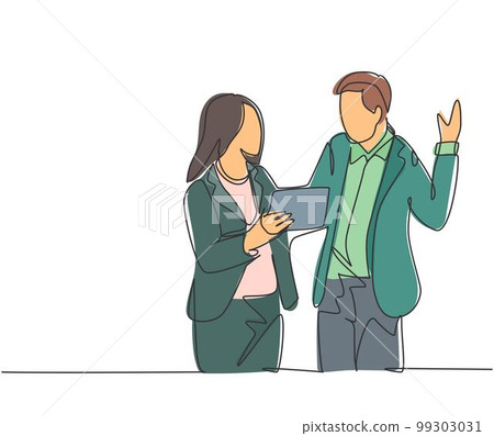 Single continuous line drawing of young male and female managers discussing strategic planning to increase company profit. Business growth discussion concept. One line draw design vector illustration 99303031