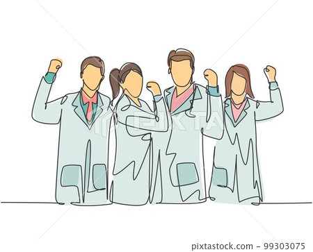 Single continuous line drawing of group of male doctor and female doctor celebrate their success cure patient at hospital. Medical healthcare service concept one line draw design vector illustration Single continuous line drawing of group of male doctor and female doctor celebrate their success cure patient at hospital. Medical healthcare service concept one line draw design vector illustration 99303075