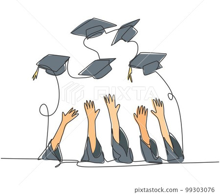 One single line drawing of group of college student throw their cap to the air to celebrate their school graduation. Undergraduate education concept continuous line draw design vector illustration 99303076
