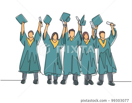 One single line drawing of group of male and female college student lift up their cap to the air to celebrate their school graduation. Education concept continuous line draw design vector illustration One single line drawing of group of male and female college student lift up their cap to the air to celebrate their school graduation. Education concept continuous line draw design vector illustration 99303077