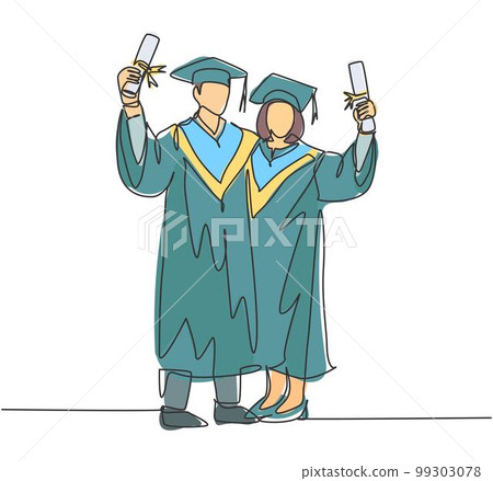 One continuous line drawing of young happy couple college student show their graduation roll letter to celebrate their graduate. Education college concept. Single line draw design vector illustration One continuous line drawing of young happy couple college student show their graduation roll letter to celebrate their graduate. Education college concept. Single line draw design vector illustration 99303078