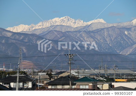The silvery Hodaka mountain range seen from the overpass near Shiojiri Station The silvery Hodaka mountain range seen from the overpass near Shiojiri Station 99303107