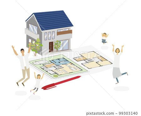 Vector illustration of a family of four who are happy to decide the floor plan of their home 99303140