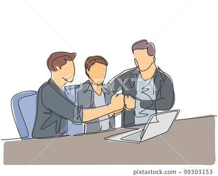 One continuous line drawing of multi level marketing or MLM upliner doing presentation with laptop to prospect downliner candidate. MLM business concept single line draw design vector illustration 99303153