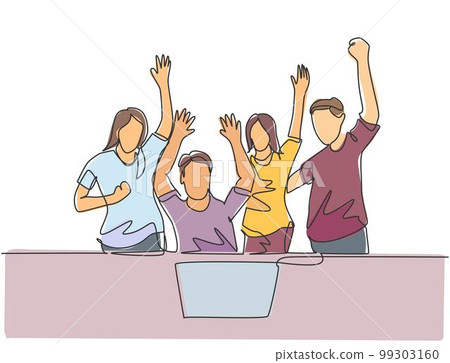 One continuous line drawing of young happy female start up CEO and his subordinates celebrating their success achieve the business target. Team work goal concept single line draw design illustration One continuous line drawing of young happy female start up CEO and his subordinates celebrating their success achieve the business target. Team work goal concept single line draw design illustration 99303160