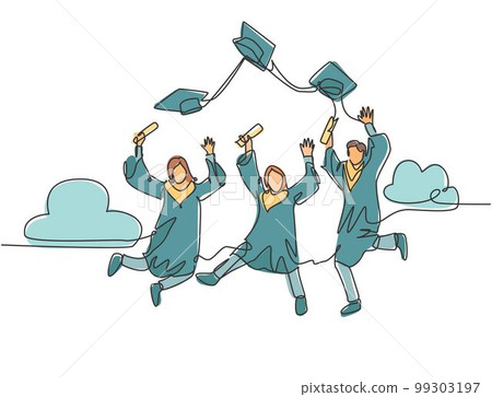 One line drawing group of young happy graduate male and female college student jumping and wear graduation gown. Education celebration concept. Continuous line draw graphic design vector illustration One line drawing group of young happy graduate male and female college student jumping and wear graduation gown. Education celebration concept. Continuous line draw graphic design vector illustration 99303197