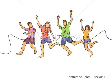 One line drawing of group of young happy male and female jumping together to celebrate their vacation. Traveling holiday concept. Continuous line draw vector illustration 99303199