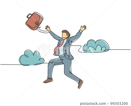 One line drawing of young happy and energetic business man throwing a briefcase jumping over the cloud. Business success celebration concept. continuous line draw design graphic vector illustration One line drawing of young happy and energetic business man throwing a briefcase jumping over the cloud. Business success celebration concept. continuous line draw design graphic vector illustration 99303200