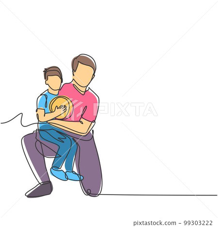 Single line drawing of young happy father hugging her child that carried a basket ball on basketball court. Parenting family concept. Modern continuous line draw design vector graphic illustration 99303222