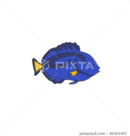 One continuous line drawing of cute blue tang fish for company logo identity. Surgeon fish mascot concept for aquatic show icon. Modern single line draw design vector graphic illustration One continuous line drawing of cute blue tang fish for company logo identity. Surgeon fish mascot concept for aquatic show icon. Modern single line draw design vector graphic illustration 99303401
