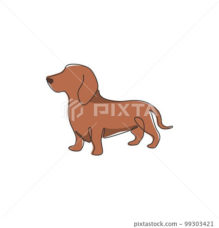 Single continuous line drawing of cute dachshund dog for logo identity. Purebred dog mascot concept for pedigree friendly pet icon. Modern one line draw design graphic vector illustration 99303421