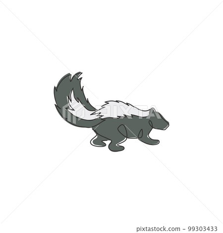 One single line drawing of adorable striped skunk for company logo identity. Sprayer liquid with stink smell animal mascot concept for zoo icon. Modern continuous line draw design vector illustration 99303433