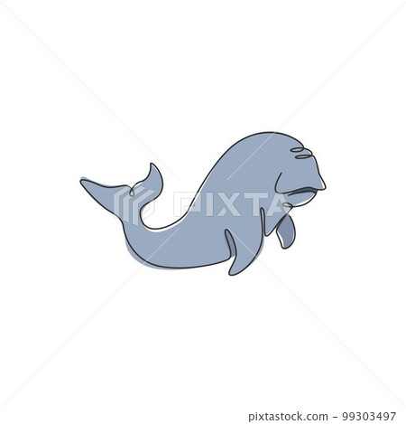 Single one line drawing of funny dugong for nautical logo identity. Sea pig or sea camel mascot concept for aquatic show icon. Modern continuous line draw design graphic vector illustration Single one line drawing of funny dugong for nautical logo identity. Sea pig or sea camel mascot concept for aquatic show icon. Modern continuous line draw design graphic vector illustration 99303497