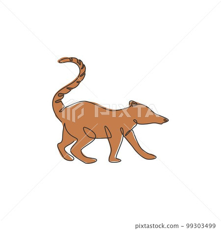 Single continuous line drawing of adorable coati for company logo identity. Ring tailed mammal animal mascot concept for national park icon. Modern one line draw design vector graphic illustration Single continuous line drawing of adorable coati for company logo identity. Ring tailed mammal animal mascot concept for national park icon. Modern one line draw design vector graphic illustration 99303499