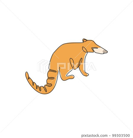 Single one line drawing of beautiful coati for company logo identity. Diurnal mammals mascot concept for national conservation park icon. Modern continuous line draw design vector illustration Single one line drawing of beautiful coati for company logo identity. Diurnal mammals mascot concept for national conservation park icon. Modern continuous line draw design vector illustration 99303500