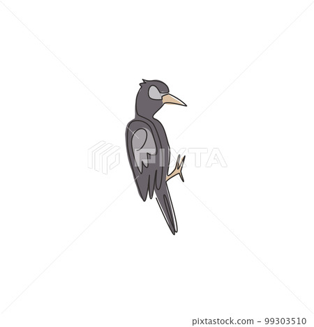 One continuous line drawing of cute woodpecker on tree. Beak drummer bird mascot concept for national zoo icon. Modern single line draw design graphic vector illustration One continuous line drawing of cute woodpecker on tree. Beak drummer bird mascot concept for national zoo icon. Modern single line draw design graphic vector illustration 99303510
