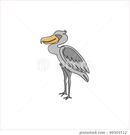 Single continuous line drawing of large adorable shoebill for logo identity. Big prehistoric dinosaur bird mascot concept for conservation park icon. Modern one line draw design vector illustration 99303512