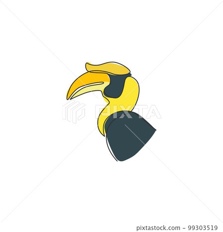Single continuous line drawing of beauty great hornbill head for company logo identity. Big beak bird mascot concept for national zoo icon. Modern one line draw design vector graphic illustration Single continuous line drawing of beauty great hornbill head for company logo identity. Big beak bird mascot concept for national zoo icon. Modern one line draw design vector graphic illustration 99303519