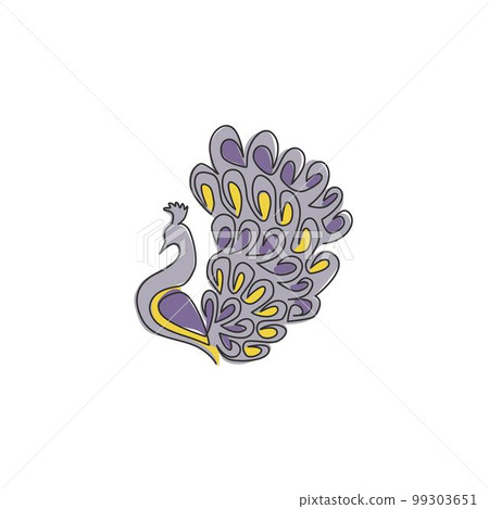 One continuous line drawing of beauty adorable peacock for company logo identity. Big pretty bird mascot concept for national zoo icon. Modern single line draw design vector graphic illustration 99303651