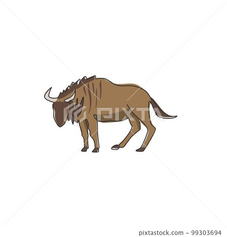 Single one line drawing of dashing wildebeest for foundation logo identity. Strong gnu mascot concept for national zoo icon. Modern continuous line draw design graphic vector illustration Single one line drawing of dashing wildebeest for foundation logo identity. Strong gnu mascot concept for national zoo icon. Modern continuous line draw design graphic vector illustration 99303694
