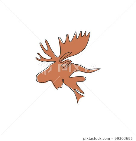 Single continuous line drawing of sturdy moose head for logo identity. Buck animal mascot concept for national zoo icon. One line draw graphic design vector illustration Single continuous line drawing of sturdy moose head for logo identity. Buck animal mascot concept for national zoo icon. One line draw graphic design vector illustration 99303695