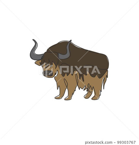 Single one line drawing of gallant yak for company logo identity. Livestock ox mammal mascot concept for national zoo icon. Modern continuous line draw design graphic vector illustration Single one line drawing of gallant yak for company logo identity. Livestock ox mammal mascot concept for national zoo icon. Modern continuous line draw design graphic vector illustration 99303767