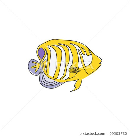 Single one line drawing of funny regal angelfish for company logo identity. Beautiful angel fish mascot concept for sea world show icon. Modern continuous line draw design vector graphic illustration 99303780