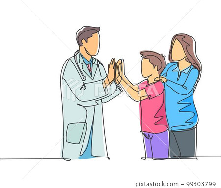 Single line drawing of young happy male doctor checking up sick patient boy and giving high five gesture. Medical healthcare concept continuous line draw design graphic vector illustration 99303799
