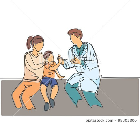 Single line drawing of young happy male doctor checking up sick patient boy and giving high five gesture. Medical healthcare at hospital concept continuous line draw graphic design vector illustration 99303800