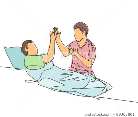 Single line drawing of son take care of his sick father at hospital and should be take a bed rest and give high five gesture. Medical healthcare concept continuous line draw design vector illustration 99303801