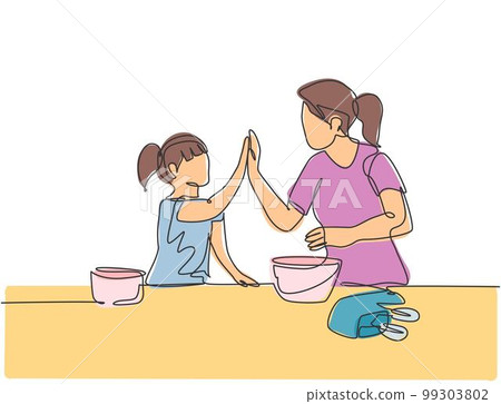 Single line drawing of mother and daughter preparing to cook some cookies at the kitchen and giving high five gesture. Parenting concept continuous line draw design vector graphic illustration 99303802