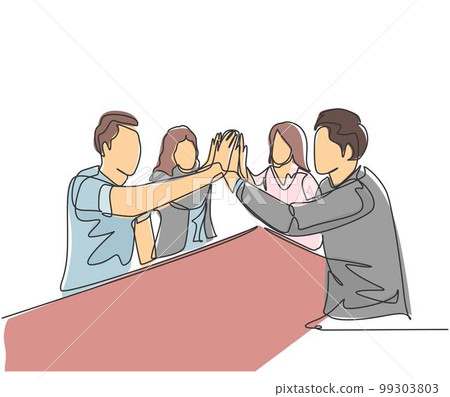 One line drawing of young businessmen and businesswomen celebrating their successive goal at the business meeting with high five gesture. Business deal concept continuous line draw design illustration 99303803