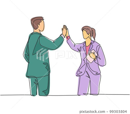 One line drawing of young happy businessman and businesswoman celebrating their successive goal with high five gesture. Business deal concept continuous line draw design graphic vector illustration 99303804