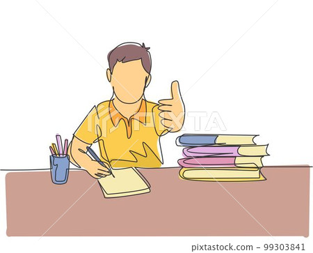 One line drawing of young happy boy student study diligently beside the stack of books and giving thumbs up gesture. Education concept continuous line graphic draw design vector illustration One line drawing of young happy boy student study diligently beside the stack of books and giving thumbs up gesture. Education concept continuous line graphic draw design vector illustration 99303841