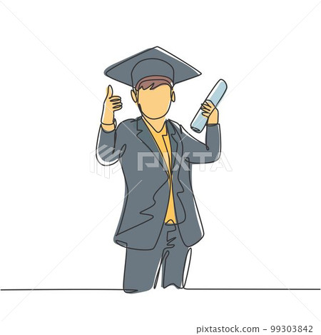 One line drawing of young happy boy student wearing graduation hat and giving thumbs up gesture while holding graduation paper roll. Education concept continuous line draw design vector illustration 99303842