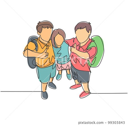 One line drawing group of happy male and female elementary school student carrying school bag and giving thumb up gesture. Education concept continuous line draw design vector illustration graphic One line drawing group of happy male and female elementary school student carrying school bag and giving thumb up gesture. Education concept continuous line draw design vector illustration graphic 99303843