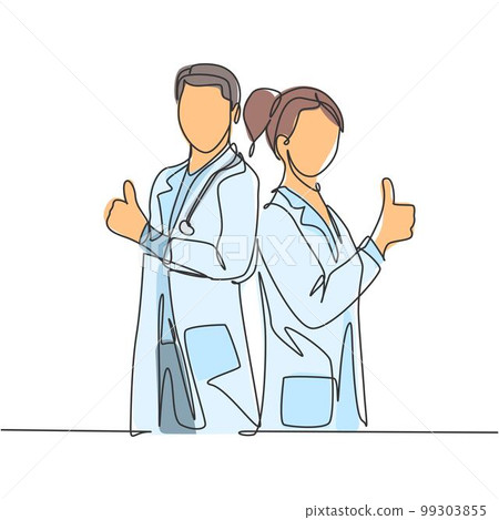 Single line drawing of young happy couple male and female doctor standing together and giving thumbs up gesture. Medical healthcare teamwork concept. Continuous line draw design vector illustration Single line drawing of young happy couple male and female doctor standing together and giving thumbs up gesture. Medical healthcare teamwork concept. Continuous line draw design vector illustration 99303855