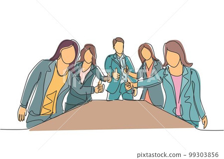 Single line drawing group of young happy businessmen and businesswoman standing up together and giving thumbs up gesture. Business meeting concept. Continuous line draw design vector illustration Single line drawing group of young happy businessmen and businesswoman standing up together and giving thumbs up gesture. Business meeting concept. Continuous line draw design vector illustration 99303856