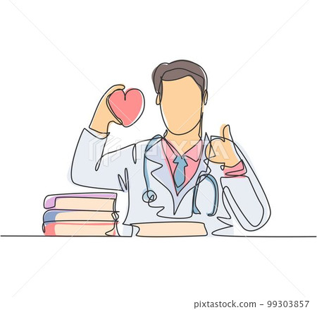 One line drawing of young happy male doctor holding heart replica on his hand and giving thumb up gesture. Healthy lifestyle healthcare concept. Medical continuous line draw design vector illustration One line drawing of young happy male doctor holding heart replica on his hand and giving thumb up gesture. Healthy lifestyle healthcare concept. Medical continuous line draw design vector illustration 99303857