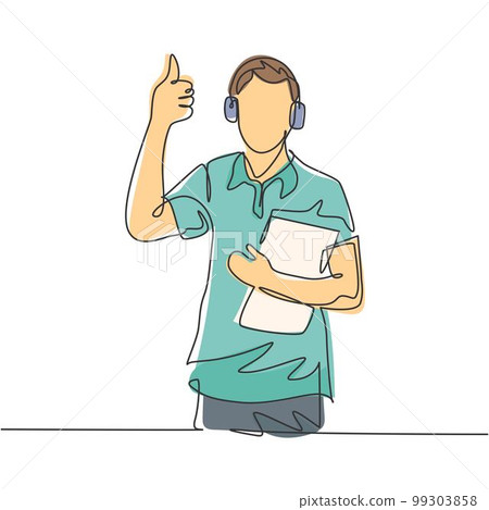 Single line drawing of young happy field project manager wearing headset and carrying clipboard while working. Field manager work life concept. Continuous line draw design vector illustration Single line drawing of young happy field project manager wearing headset and carrying clipboard while working. Field manager work life concept. Continuous line draw design vector illustration 99303858