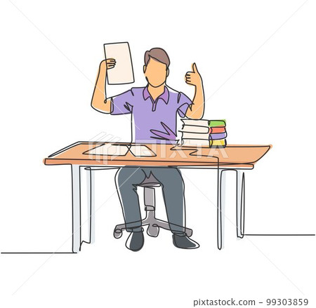 Single line drawing of young happy businessman shows a clipboard containing business contract and giving thumbs up gesture. Business deal concept. Continuous line draw design vector illustration Single line drawing of young happy businessman shows a clipboard containing business contract and giving thumbs up gesture. Business deal concept. Continuous line draw design vector illustration 99303859