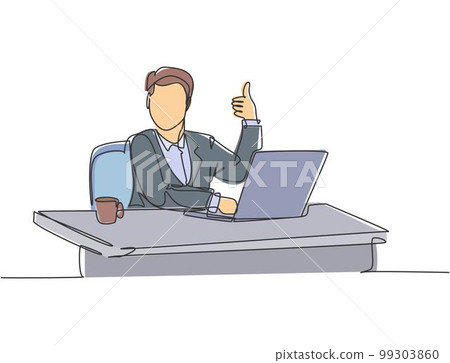 Single line drawing of young businessman sitting on chair in front of laptop and giving thumbs up gesture. Success business manager concept. Continuous line draw design vector graphic illustration Single line drawing of young businessman sitting on chair in front of laptop and giving thumbs up gesture. Success business manager concept. Continuous line draw design vector graphic illustration 99303860
