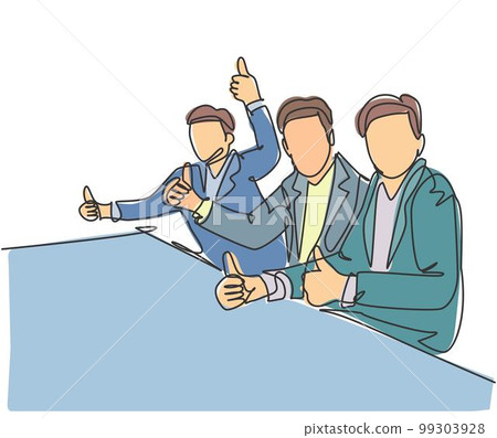 One line drawing of young happy businessman and businesswoman giving thumbs up gesture while business meeting. Great business teamwork concept. Continuous line draw design vector illustration One line drawing of young happy businessman and businesswoman giving thumbs up gesture while business meeting. Great business teamwork concept. Continuous line draw design vector illustration 99303928