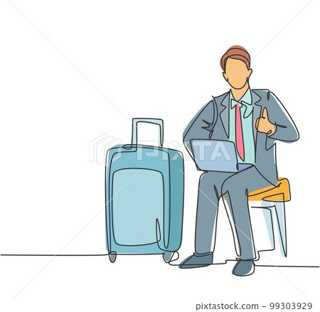 One line drawing of young happy businessman giving thumbs up gesture while opening the laptop waiting in the airport. Business travel journey concept. Continuous line draw design vector graphic 99303929