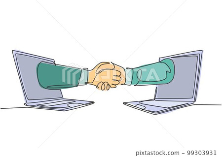 Continuous line drawing of business men shaking hand to deal a project. Hand come out from laptop screen. Digital online transaction concept. One line drawing graphic design, vector illustration Continuous line drawing of business men shaking hand to deal a project. Hand come out from laptop screen. Digital online transaction concept. One line drawing graphic design, vector illustration 99303931