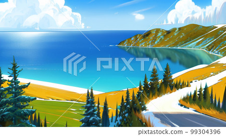 Fresh greenery and roads, lakes, and seas 99304396