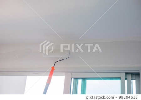 painter man with paint roller brush painting the wall. Renovation, maintenance and development of home or apartment 99304613