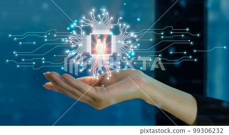 Businesswoman hand holding glowing digital ai chip. artificial intelligence technology concept. banner design 99306232