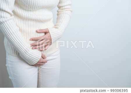 Woman having Stomach pain. Ovarian and Cervical cancer, Cervix disorder, Endometriosis, Hysterectomy, Uterine fibroids, Reproductive system, menstruation, diarrhea and Pregnancy concept 99306395